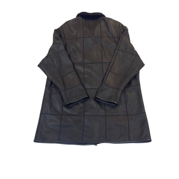 Christ Womens Dark Brown Leather Coat Button Front Shearling Collar Longline Sz - Picture 2 of 7